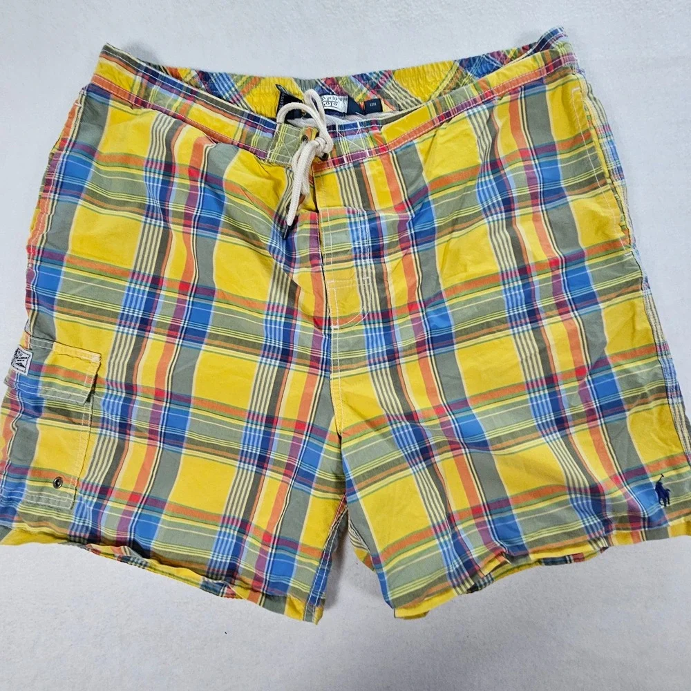 Polo Ralph Lauren Men XXL Yellow Plaid Swim Trunks Board Shorts Mesh Lined Cargo